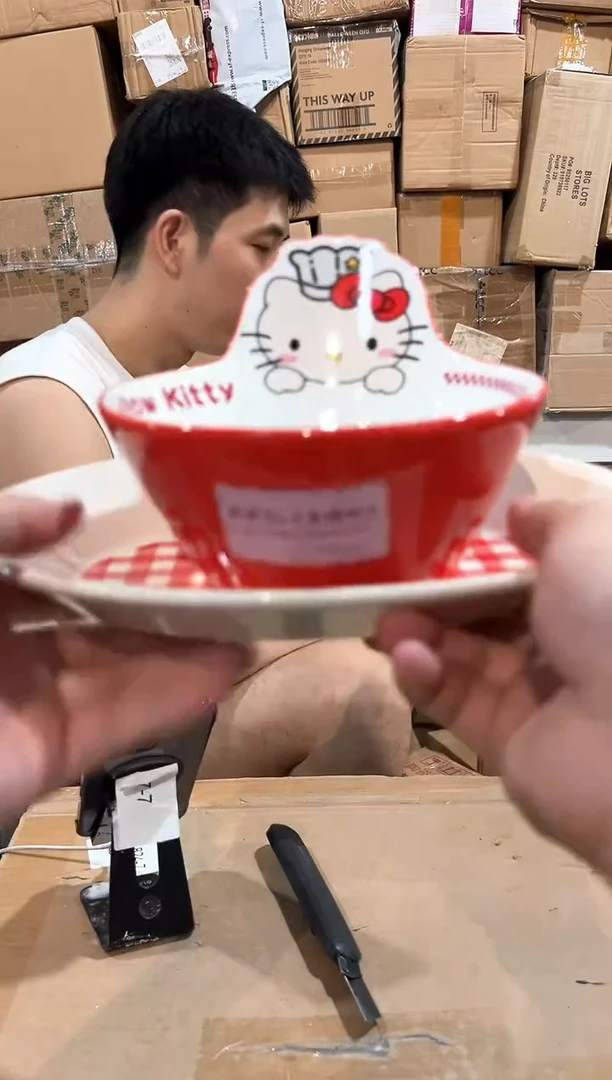 瓷片原盒kt猫红格子餐盘加kt猫沙拉碗