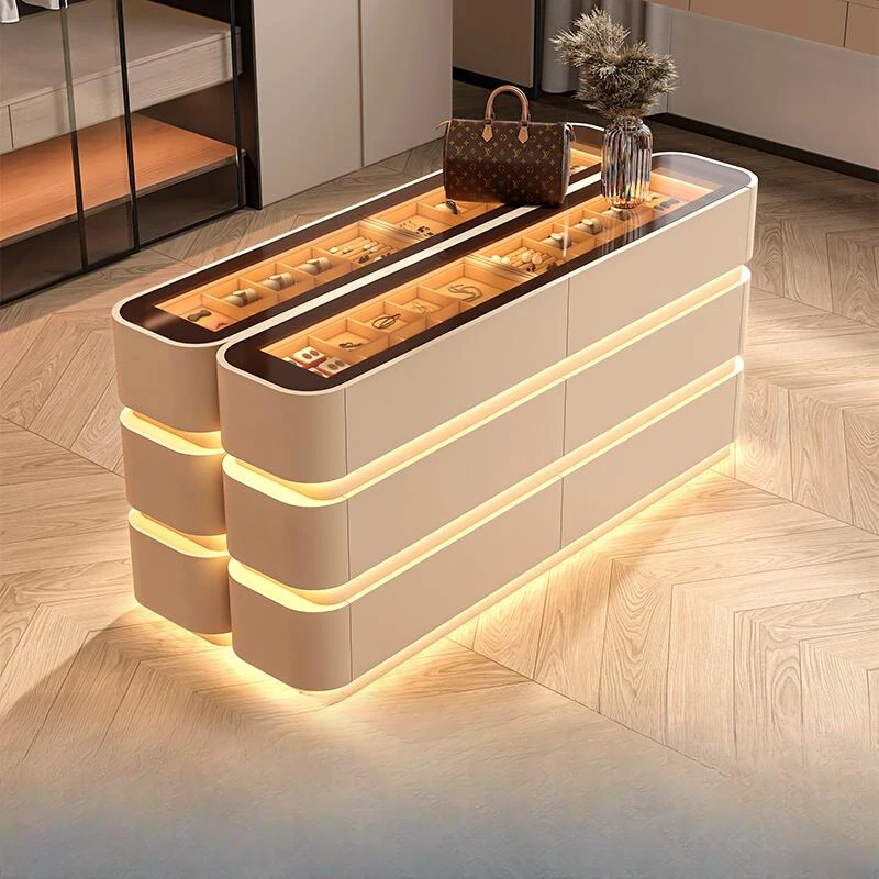 奶油风首饰柜家用落地首饰收纳斗柜灯带多宝格衣帽间中岛柜玄关