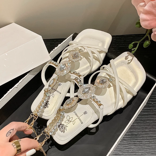 金色高跟鞋女性感时尚一字扣带真皮气质水钻链条细跟绝美罗马凉鞋