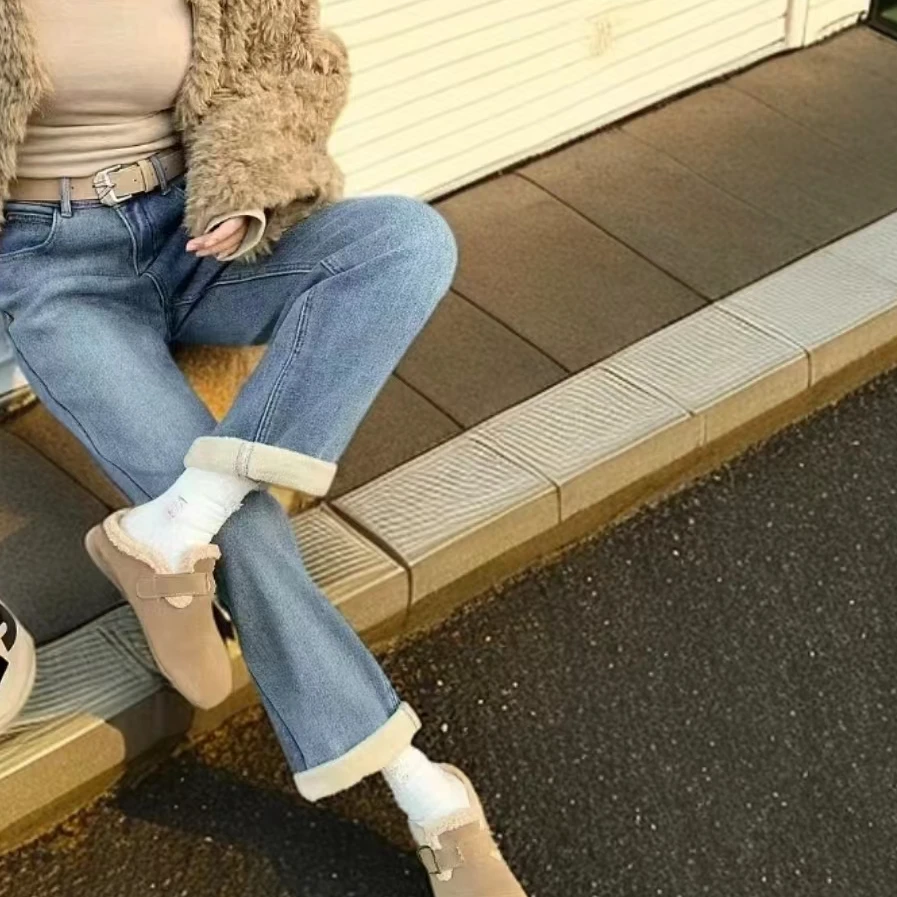 【艾萱萱】68138款加绒加厚保暖高腰宽松显瘦九分牛仔男友裤女 约93