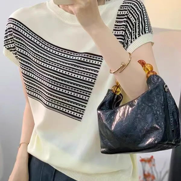 拼色夏季短袖常规款印花毛针织衫气质毛衣针织衫圆领显瘦条纹