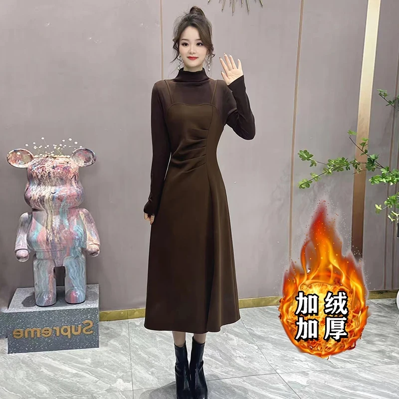 【加绒加厚】黑色半高领长款显瘦修身连衣裙A8072