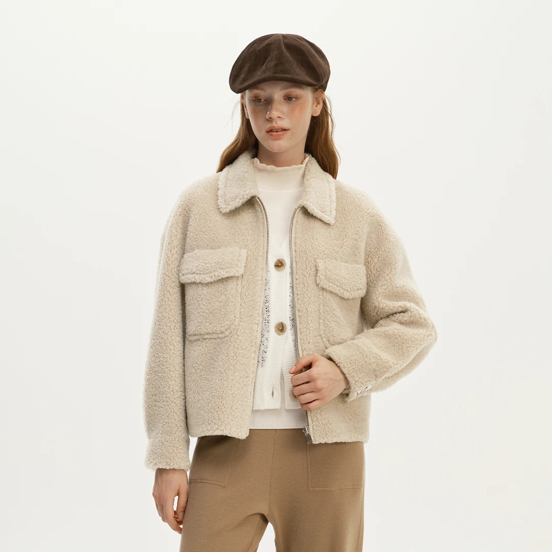 Eachway/艺之卉新品仙米色老钱风软糯绵羊毛短外套EU41Y01364