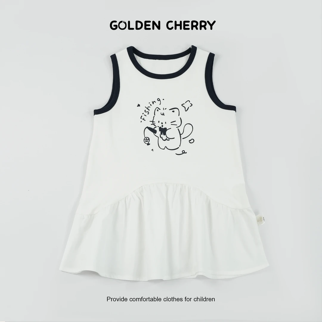 【金樱桃Golden cherry】小童白色小猫钓鱼洋气连衣裙QDD831