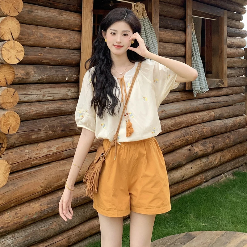 《珊珊专属》日杂感小清新碎花衬衫搭橘色短裤元气两件套装TU27048