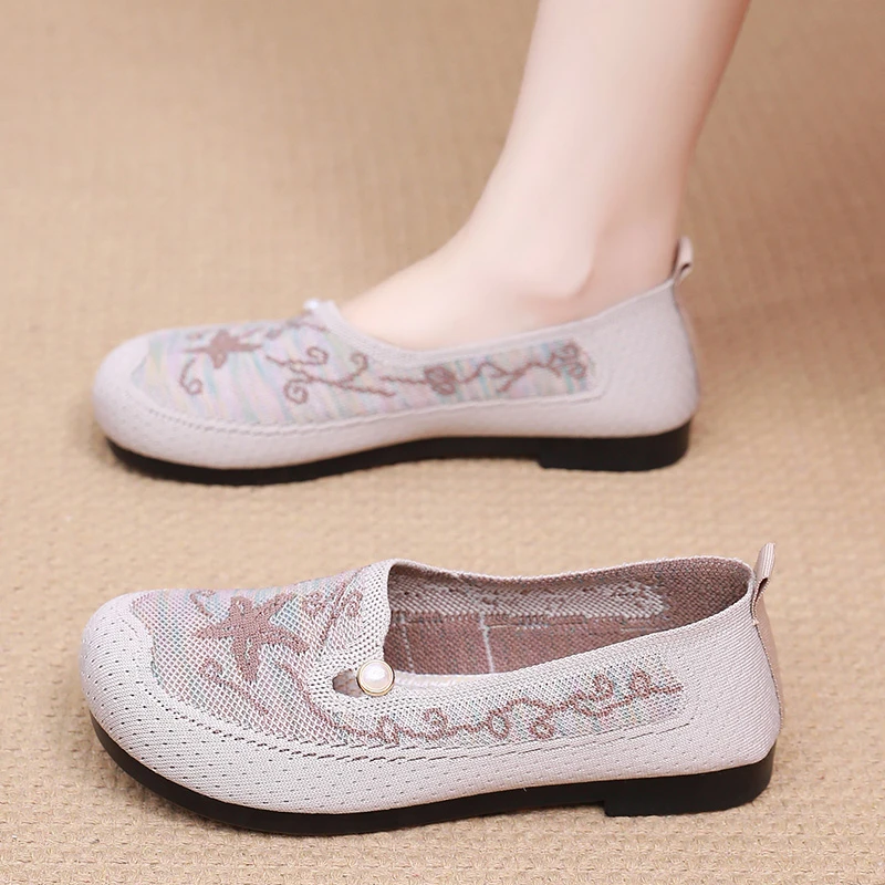 2025春季新款一脚蹬轻便透气布鞋女鞋单鞋绣花鞋网鞋镂空舒适百搭