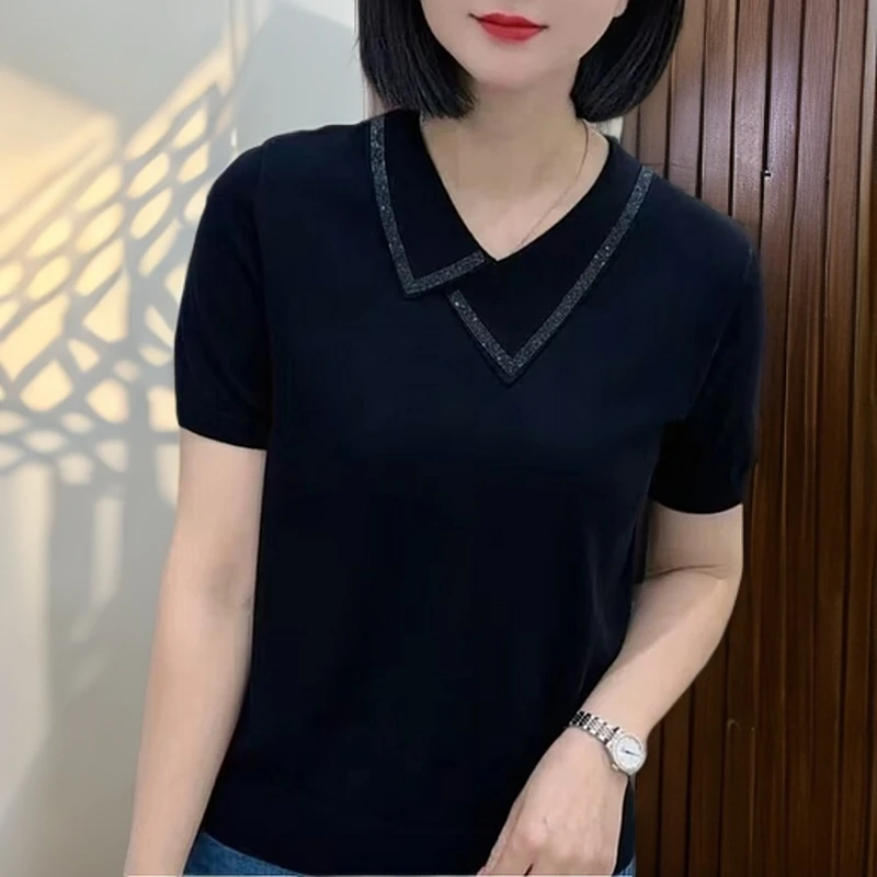 【大悦家】高品质莱赛尔天丝翻领烫钻夏季针织上衣