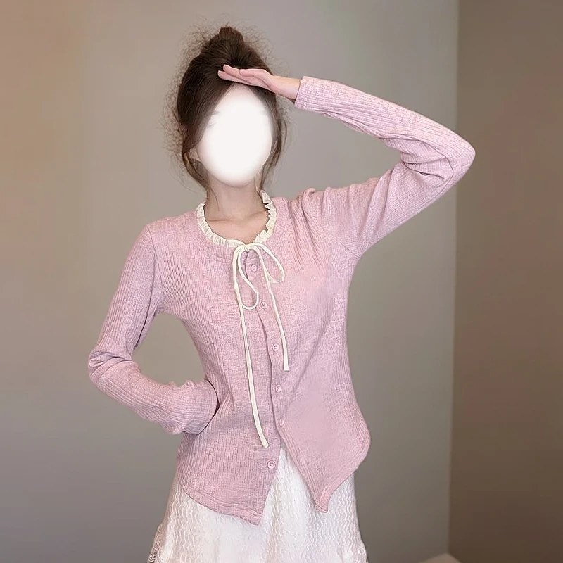 2025新款初秋甜美减龄修身显瘦风蕾丝拼接长袖温柔打底外穿上衣女