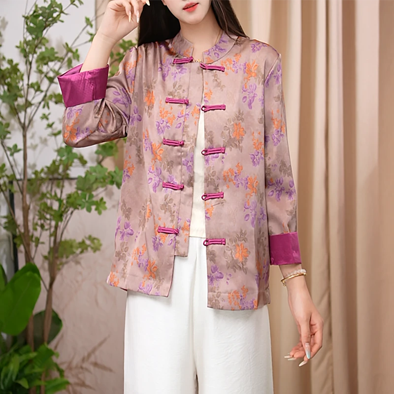 秋装新款长袖女印花文艺盘扣新中式国风外套女