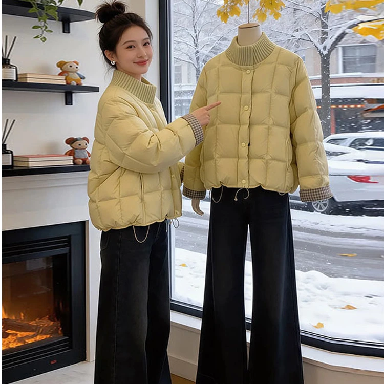 韩系奶呼呼浅蓝色针织拼接棉服外套女2025冬季新款高级感保暖棉衣