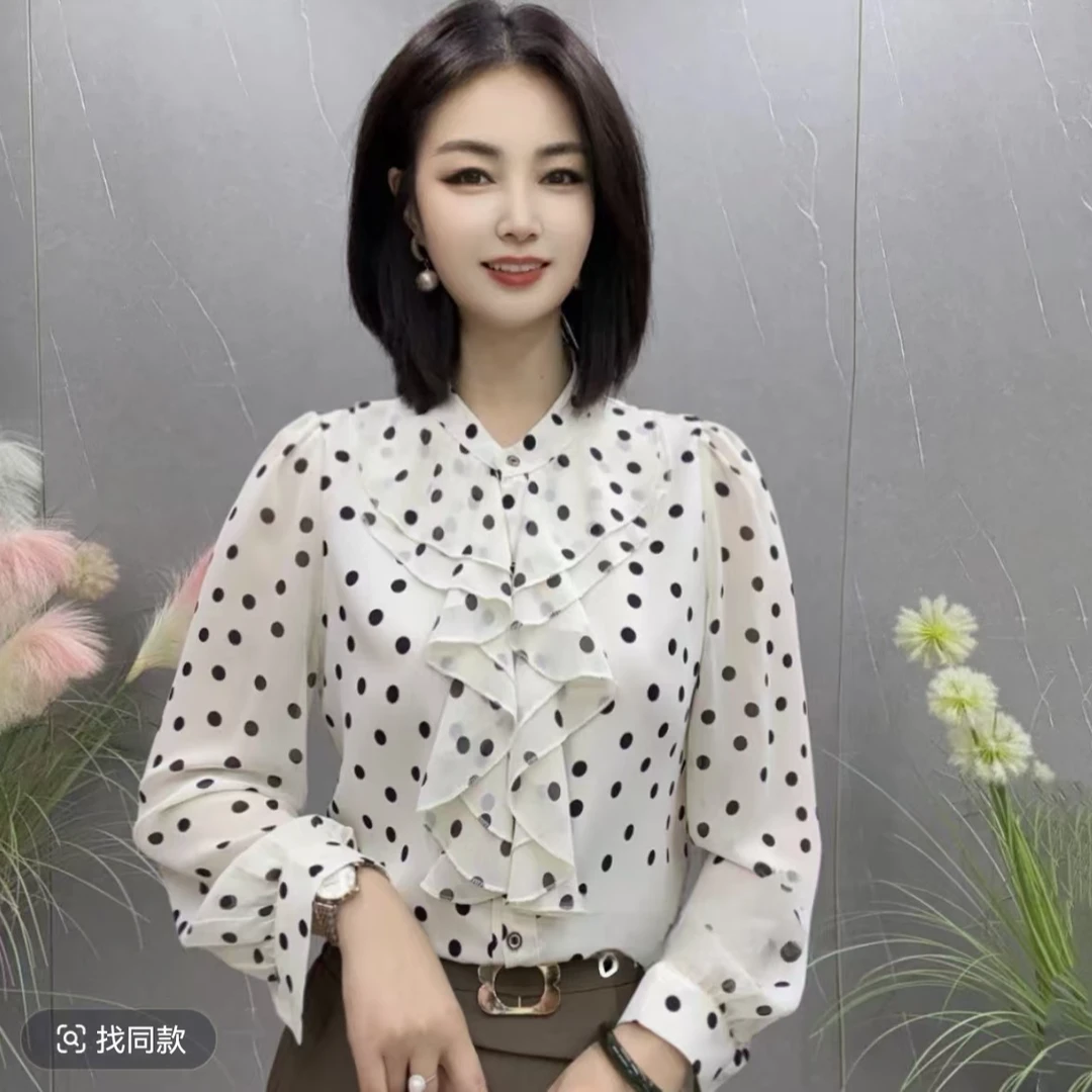 2025春季上新时尚点点花边领款气质百搭衬衫女上衣