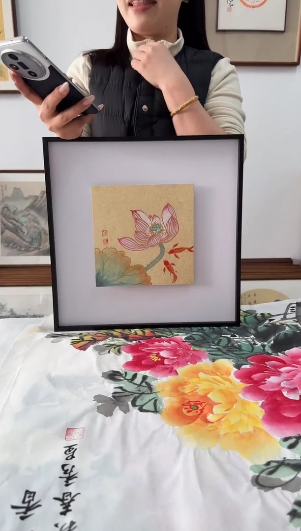 书法刘玉学荷花-34cm*34cm手绘书法作品玄关客厅茶室-手绘同款