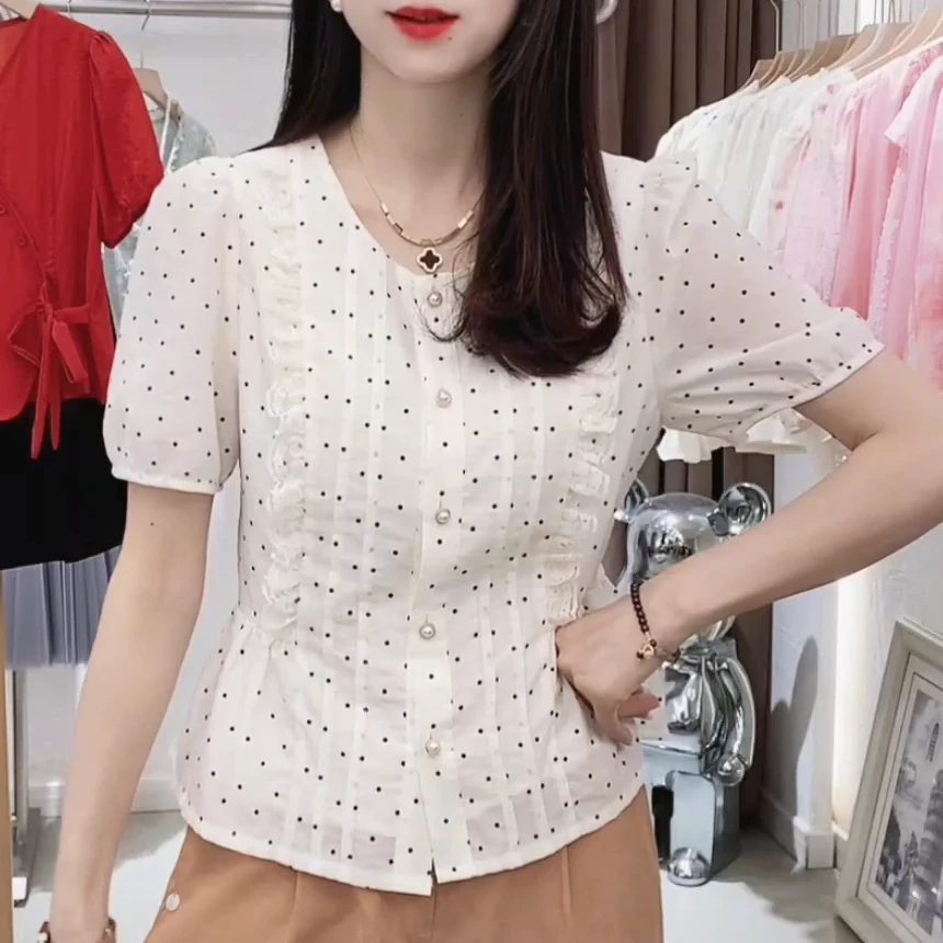 2025夏季新款法式圆领波点短袖衬衫女时尚百搭气质显瘦小衫上衣潮