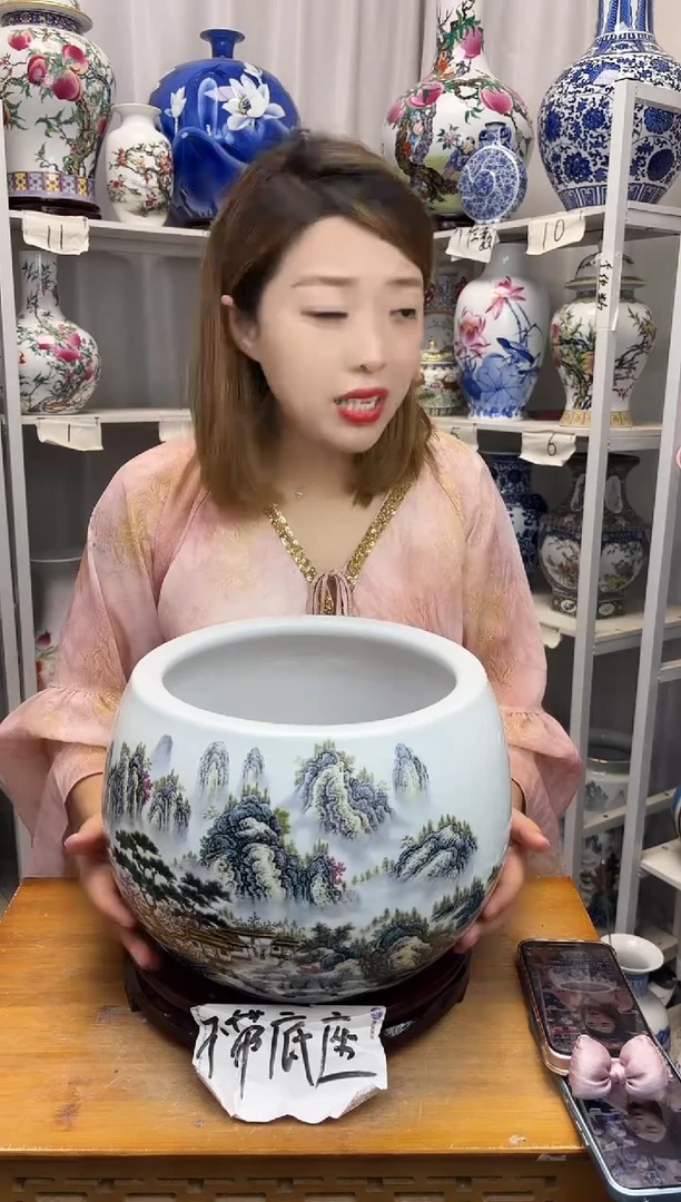 摆件红*果景德镇山水聚米缸