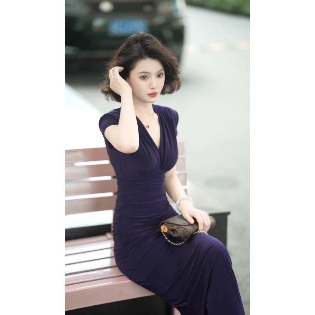 彩彩家【罗曼蒂克】夏季原版原创紫蓝色收腰修身气质遮肉设计连衣裙