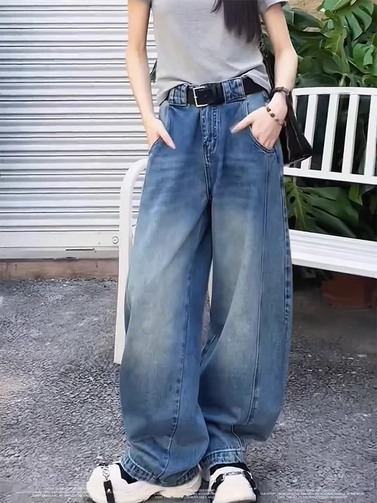 复古阔腿弯刀牛仔裤女春季新款大码梨形身材小个子宽松显瘦直筒裤