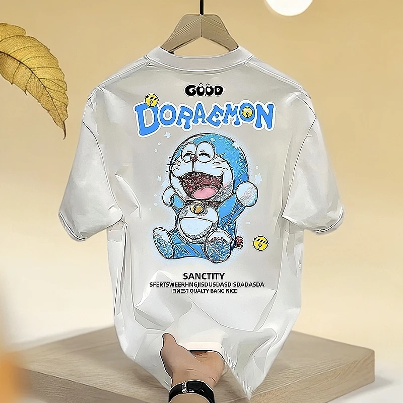 高端潮牌男装夏季纯棉T恤上衣男款新款圆领白色哆唻A梦印花T恤衫