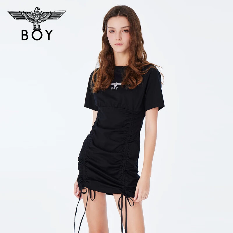 BOYLONDON新品夏女黑色夏季烫钻抽绳设计时尚修身A字裙W17003