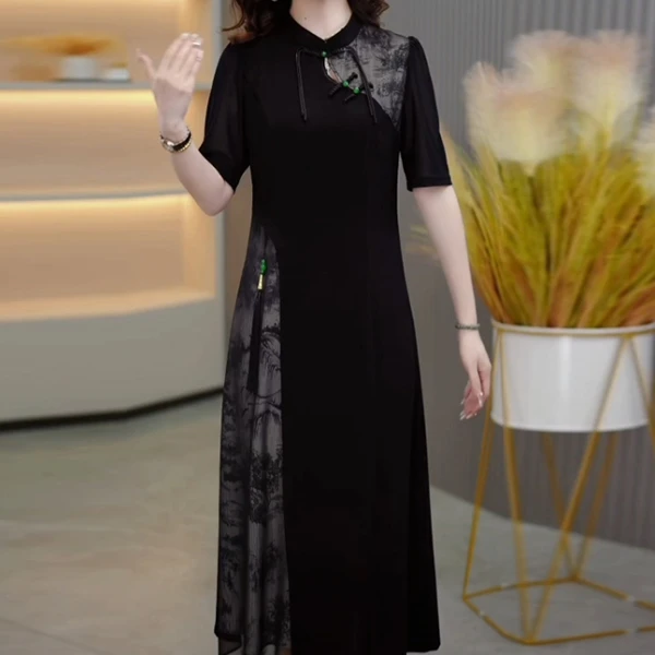 冰丝纱高级轻奢女装2025夏季新款黑色修身气质中式国风连衣裙子