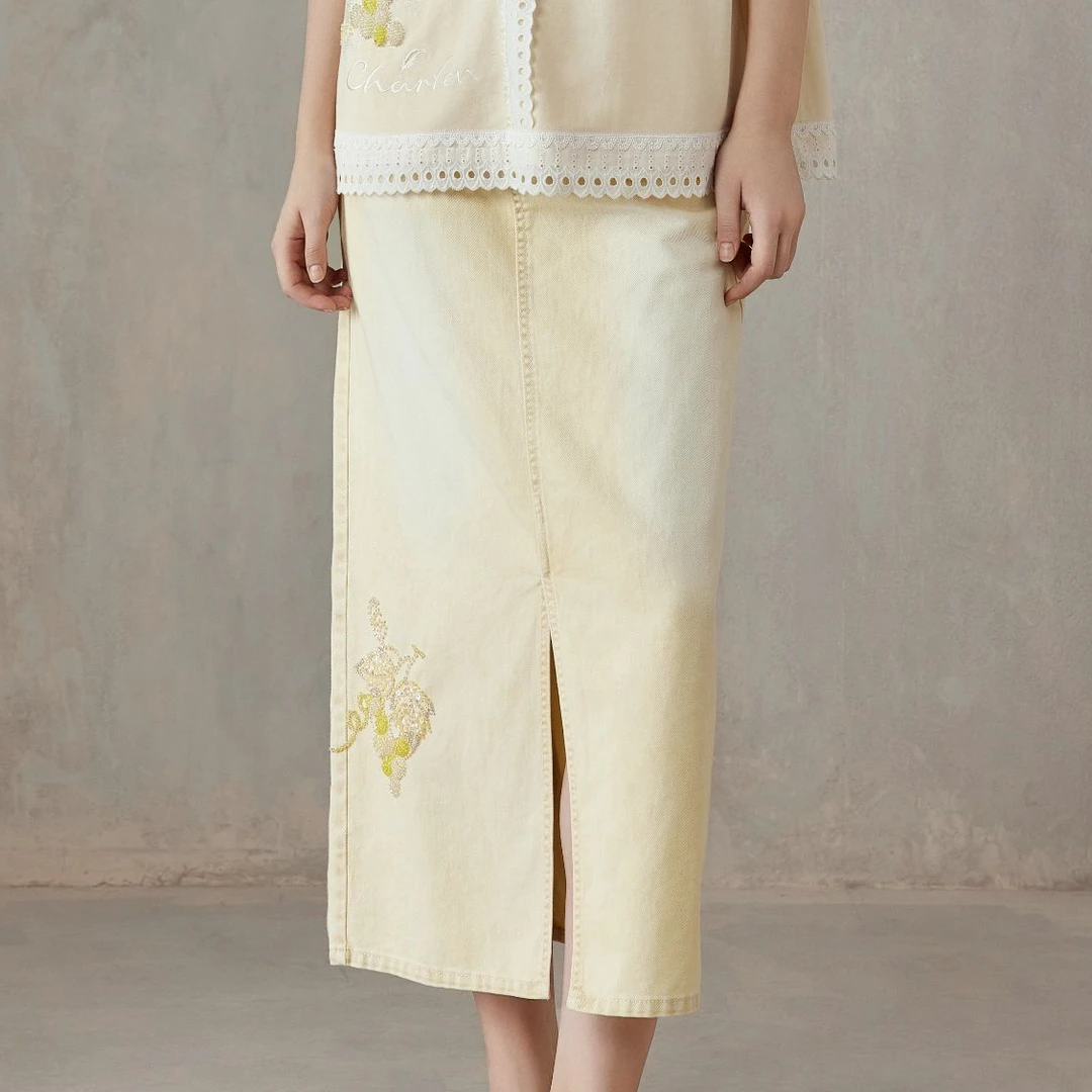 CHARFEN朝峰夏季时尚休闲高腰中长款修身半身裙CFF2G370-3035E