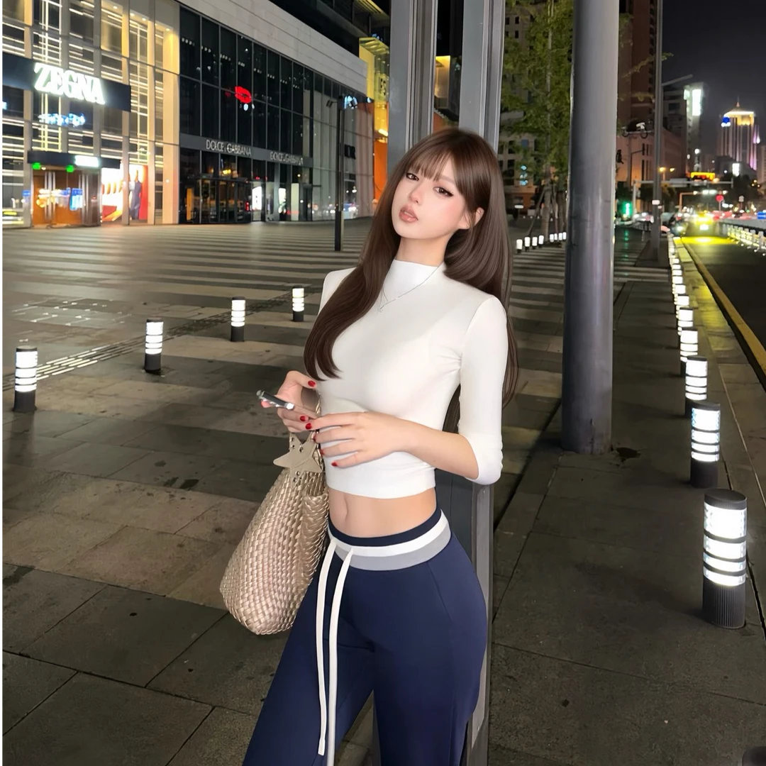 修身气质显瘦长袖高领白色上衣洋气休闲百搭宽松长裤外穿时尚套装