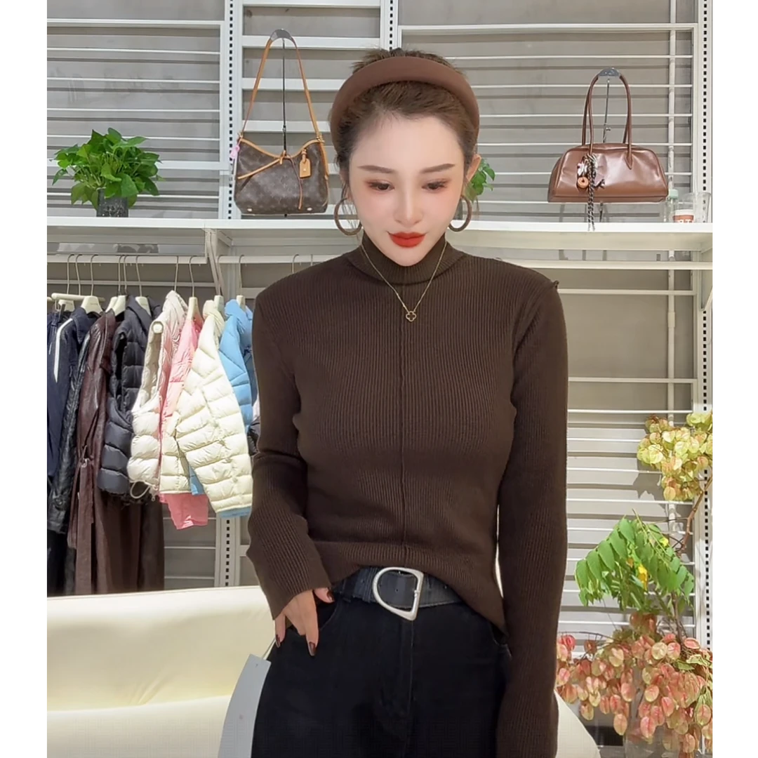 贝姐同款【半高领长袖针织打底衫】秋季新款~百搭长袖针织开衫sa