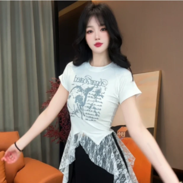 安琪定制--[T764]韩版时尚辣妹蕾丝拼接字母印花不规则百搭T恤潮