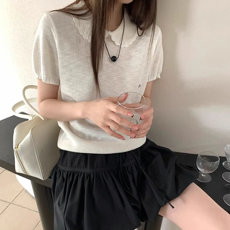 2026夏季新款简约气质百搭小众法式翻领设计感针织短袖H8-18