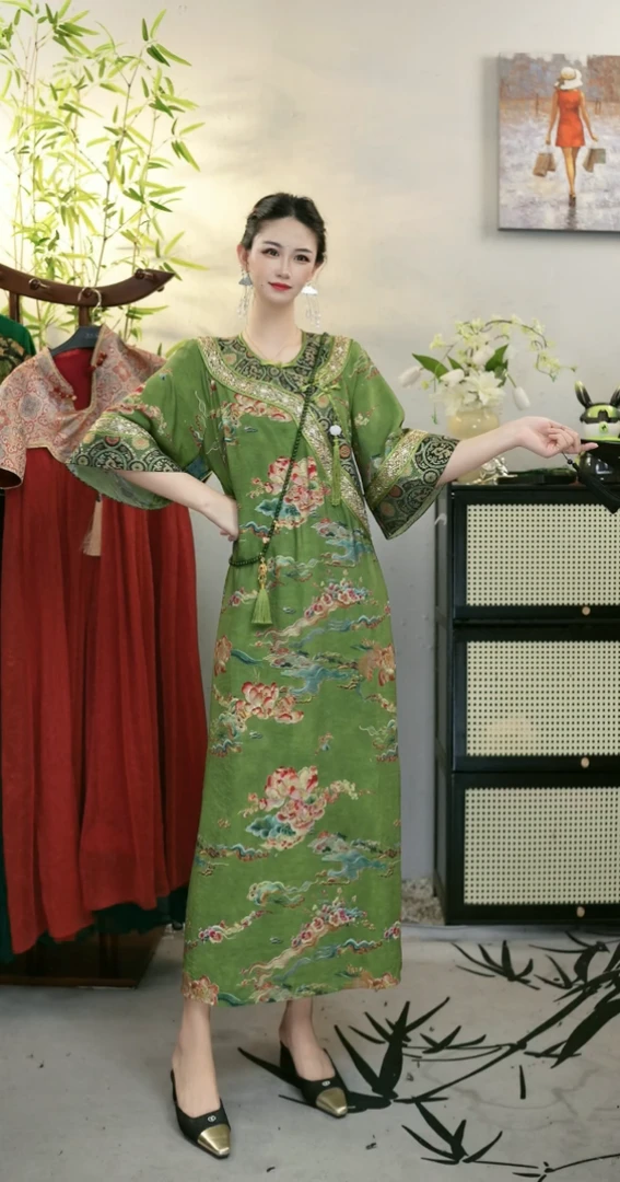 花享悦国风2025夏季新款中国风飘逸日常长款连衣裙1653