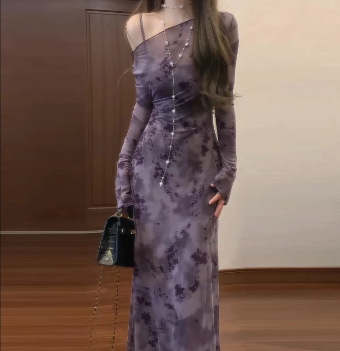 （两件套）新中式国风复古紫色碎花长袖连衣裙气质高级收腰修身3327
