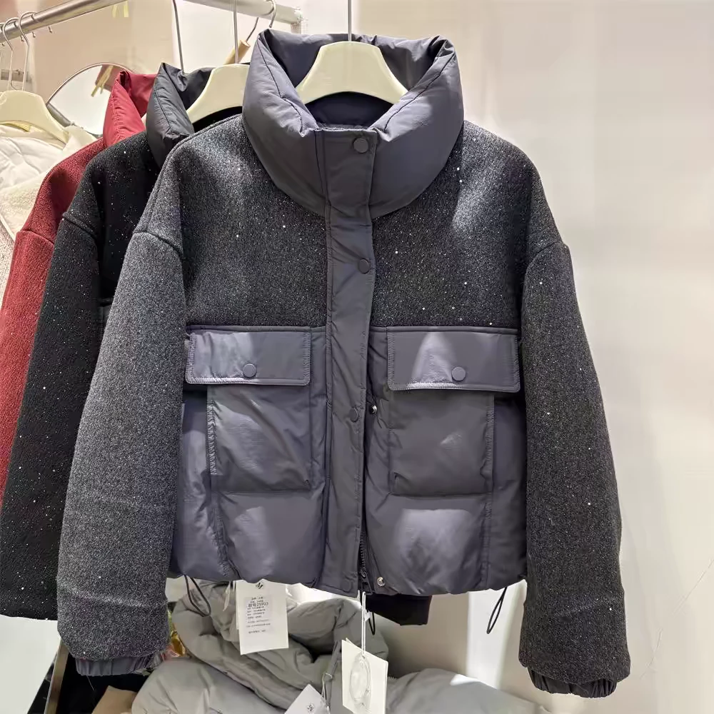 88772欧洲站亮片毛呢拼接短款立领女2024冬新款小个子加厚外套