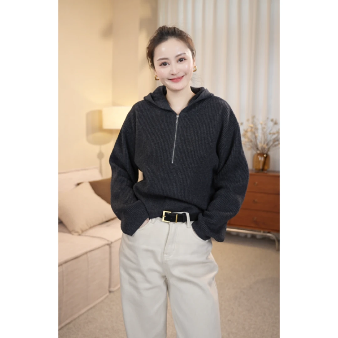 秋冬简约显瘦半拉链长袖套头针织衫F031-YC124