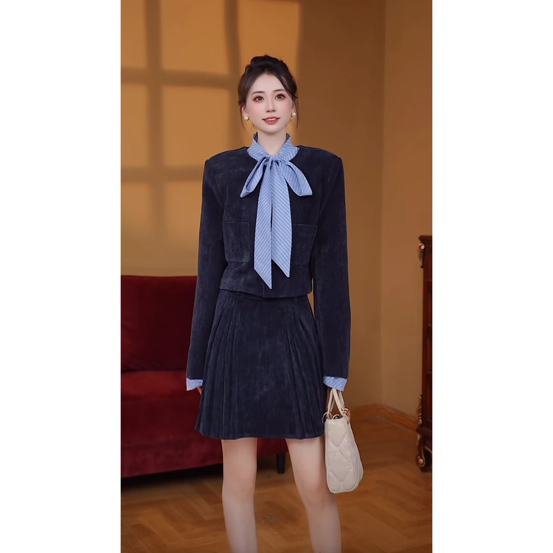 【瑞瑞定制】【两件套】【有里布】法式设计感气质外套+半身裙女D3990