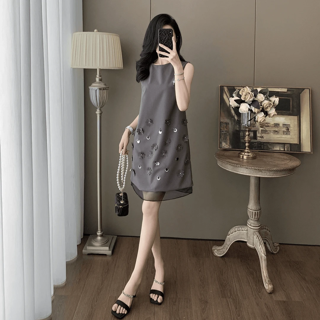 裙子女款爆款2025新款高级感显瘦气质重工亮片无袖连衣裙夏季洋气