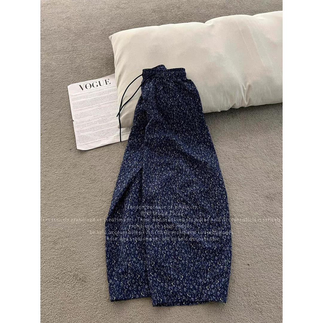 非常难遇的版型！藏蓝小碎花休闲裤女松紧腰抽绳显瘦阔腿哈伦裤子