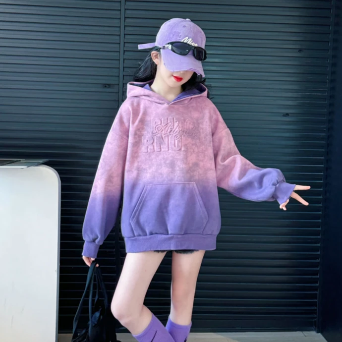 女童连帽卫衣渐变色春秋装上衣2025秋季新款中大童女孩洋气长袖潮
