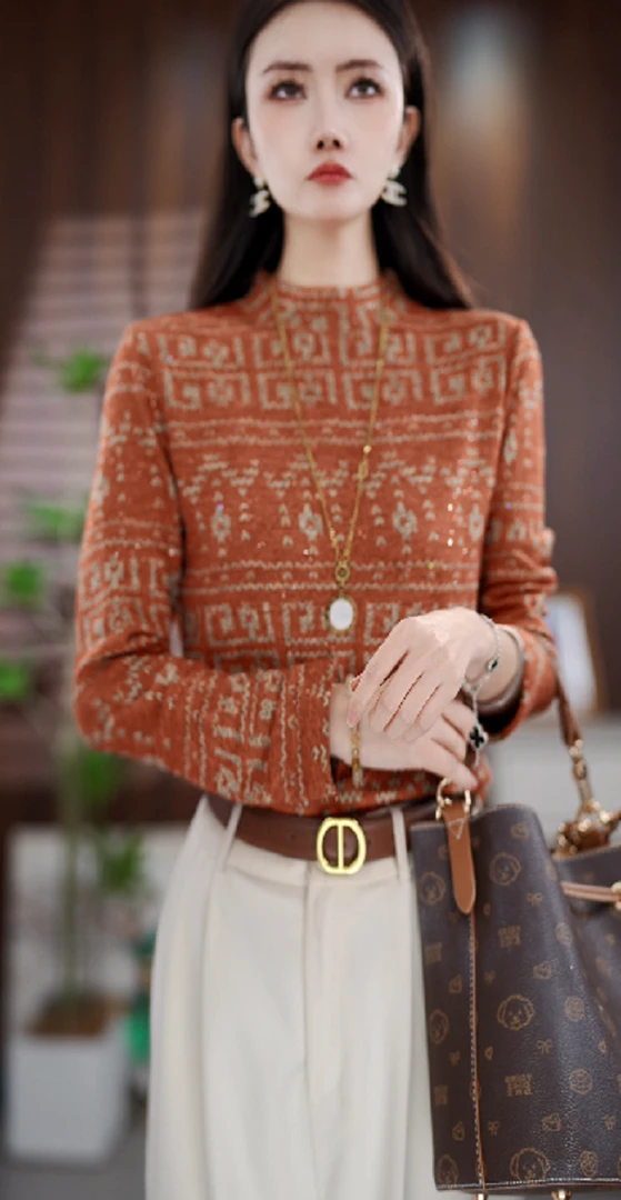 XT1646款时尚百搭气质宽松减龄加绒半高领长袖上衣-悠悠