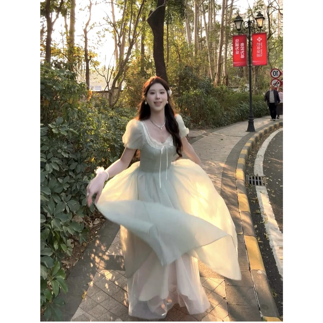【天鹅博伦】薄荷绿色晕染泡泡袖夏季公主裙海边度假法式长裙