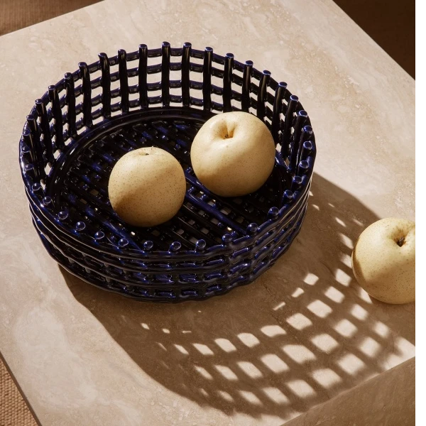 【FL家】29*10CM 深蓝色（低矮）手工陶瓷收纳篮 水果篮 储物 编篮