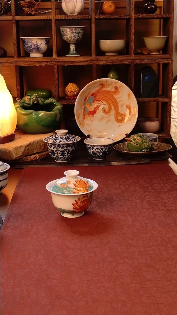 【手工手绘红绿彩荷花盖碗】