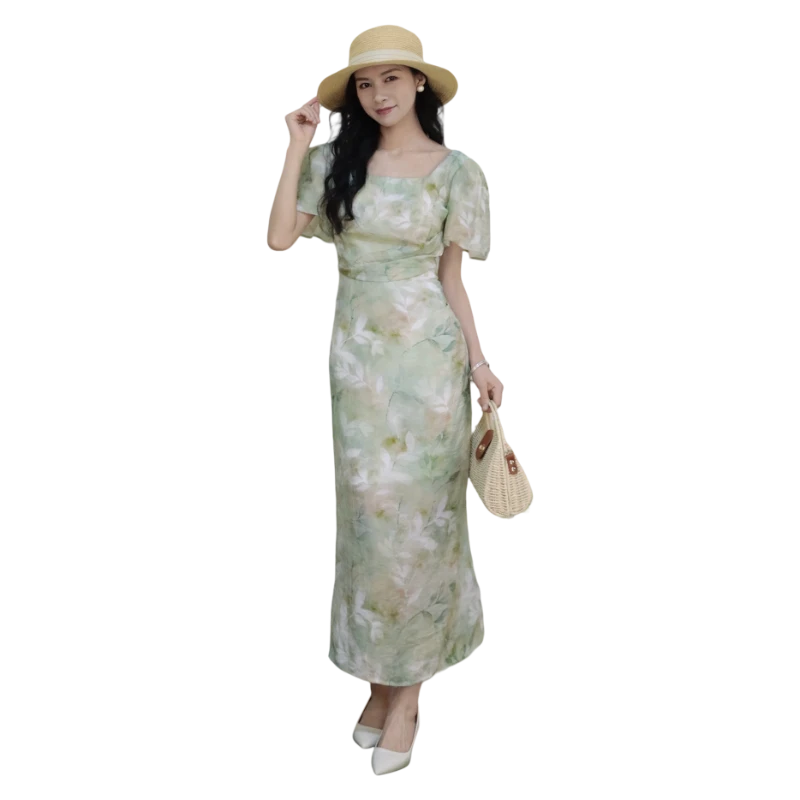 25夏季新品LIUKE留刻方领印花长款连衣裙41250425529