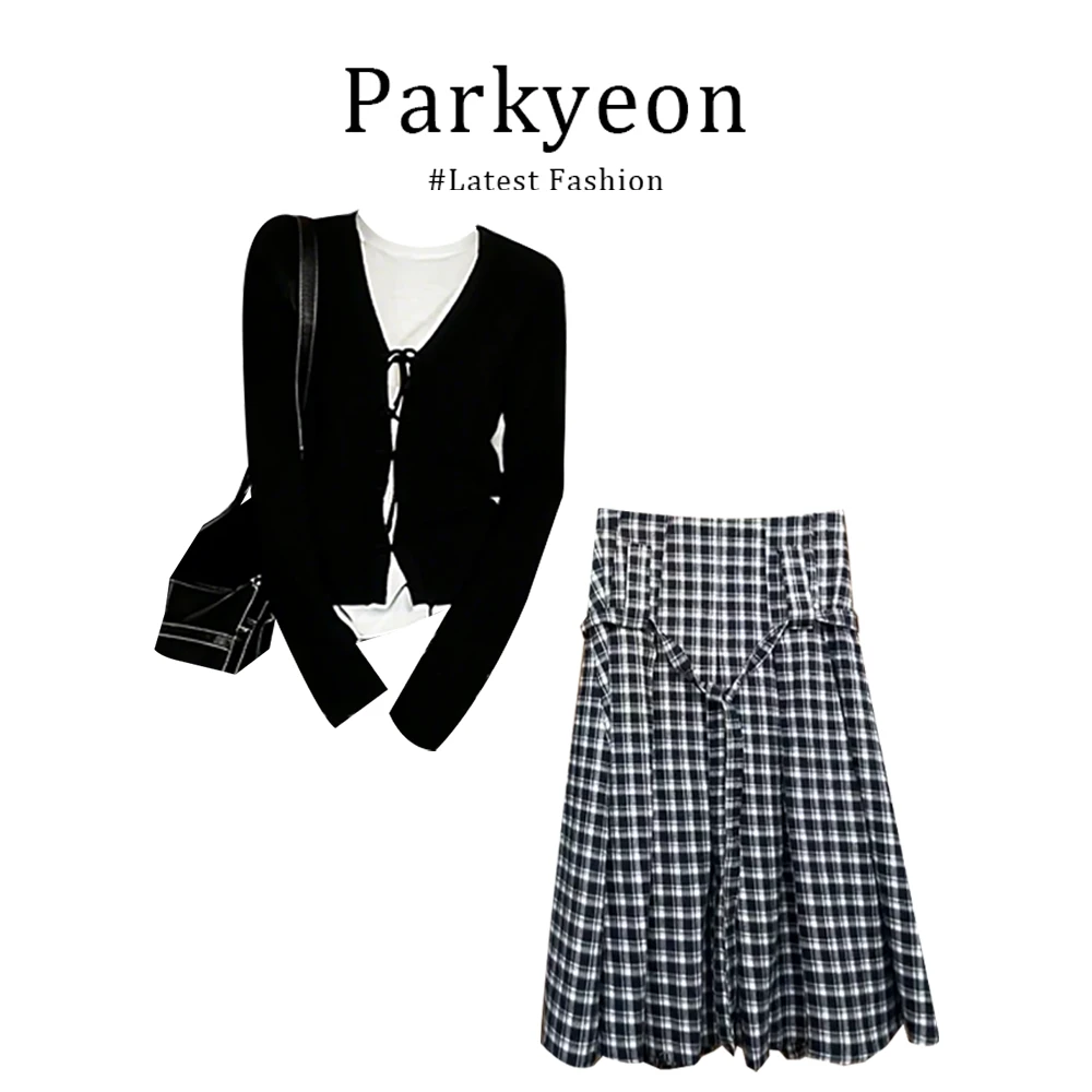 parkyeon韩系高智感穿搭针织开衫内搭T恤上衣格纹半身裙三件套