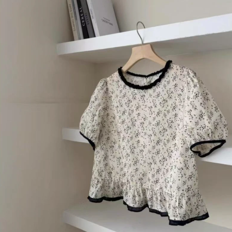 胖mm大码女装夏季韩系撞色圆领复古碎花小衫短袖衬衫薄泡泡袖上衣