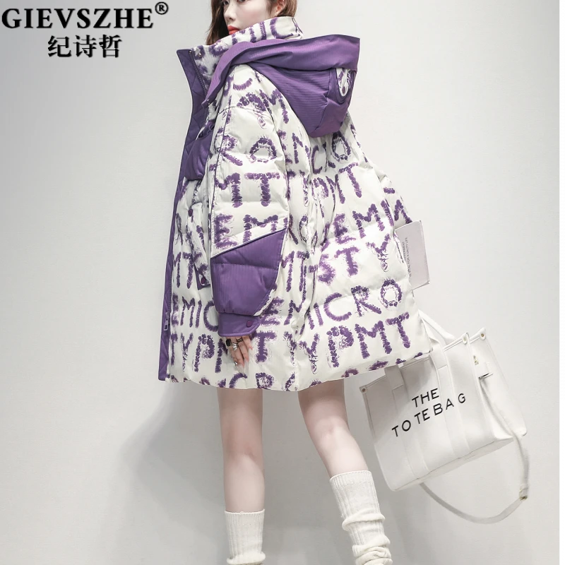 纪诗哲印花女中长款羽绒服2025冬季新款流行撞色宽松连帽加厚外套