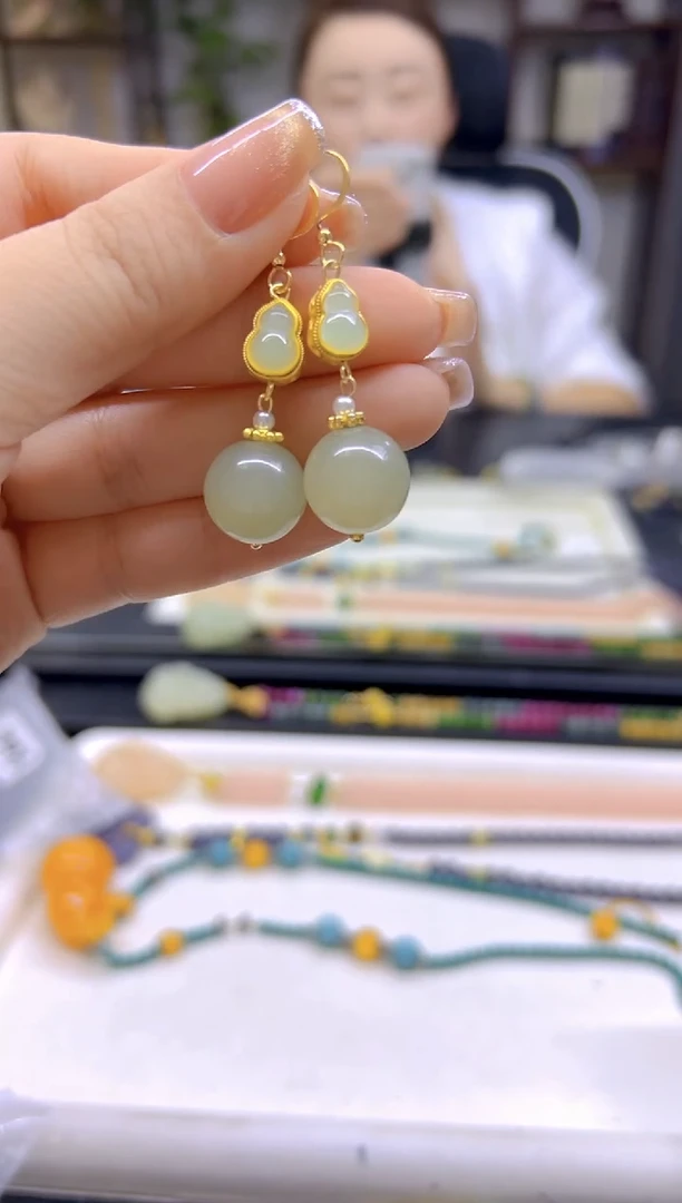 和田玉14K金镶嵌耳饰DIY款E714