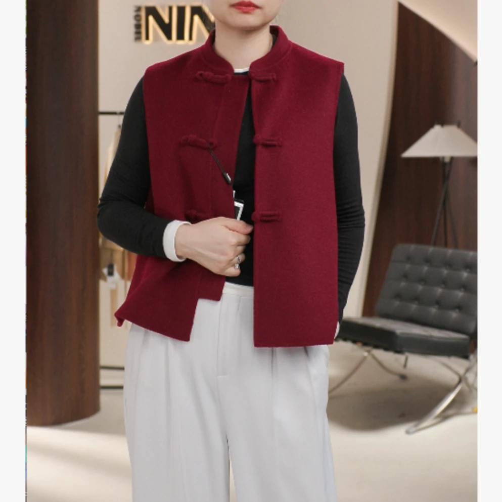 高级感双面100%纯羊毛大衣女马甲2025春季新款红色国风毛呢外套