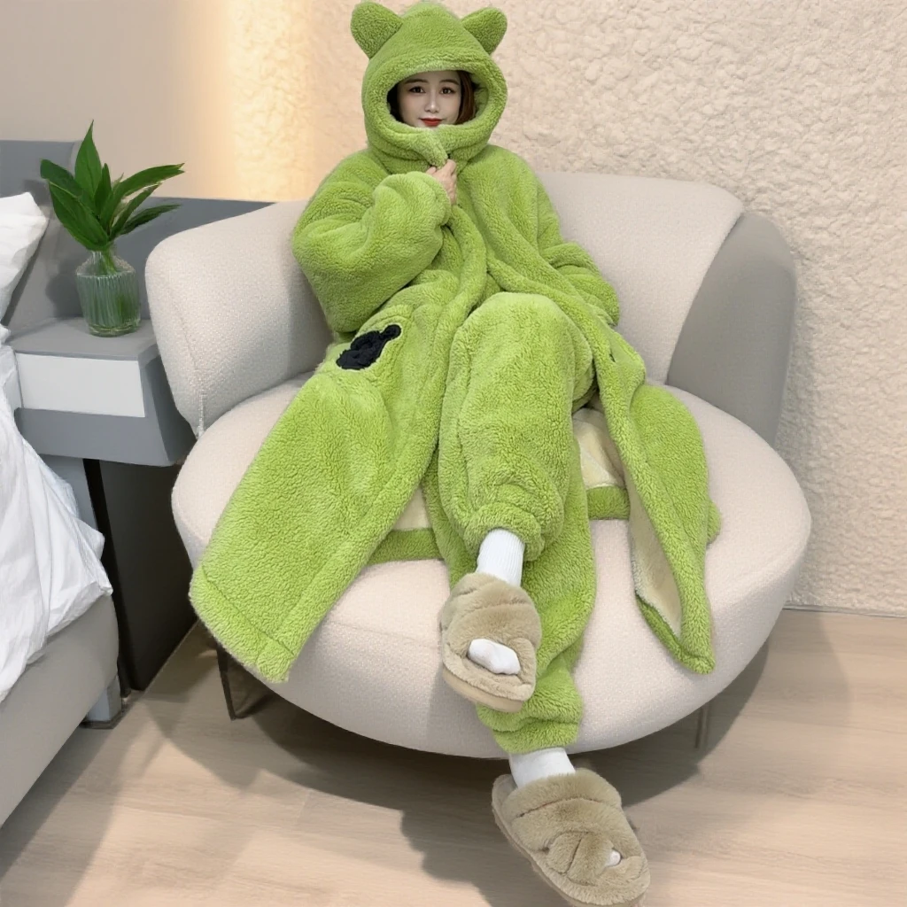 2025小火炉升级版加厚小熊新款睡袍家居服连帽宽松中长款加绒保暖