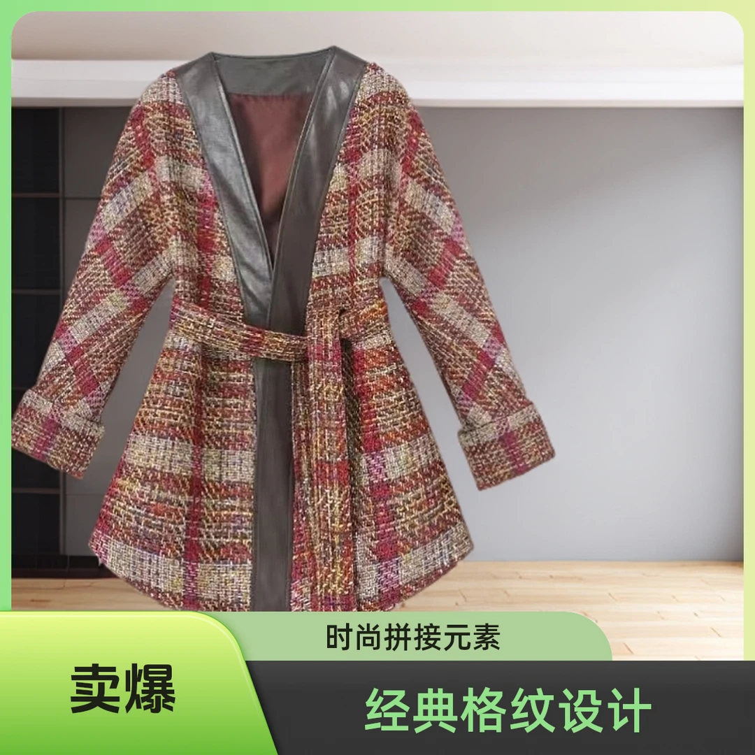 秋冬新款气质小香风百搭亮丝格子毛呢外套复古网红红色经典格纹