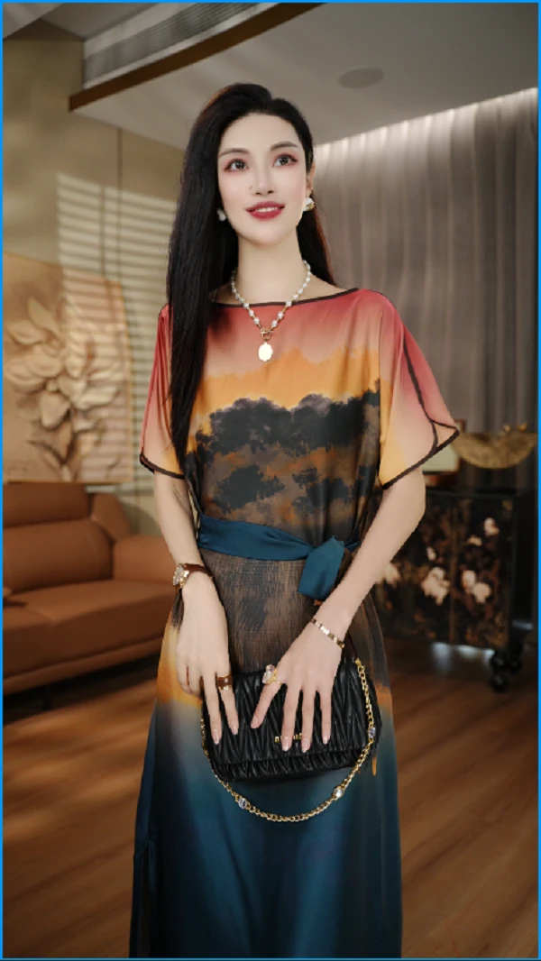 国颐 琉璃冰感丝连衣裙轻奢优雅洋气减龄时尚百搭显瘦V25L358