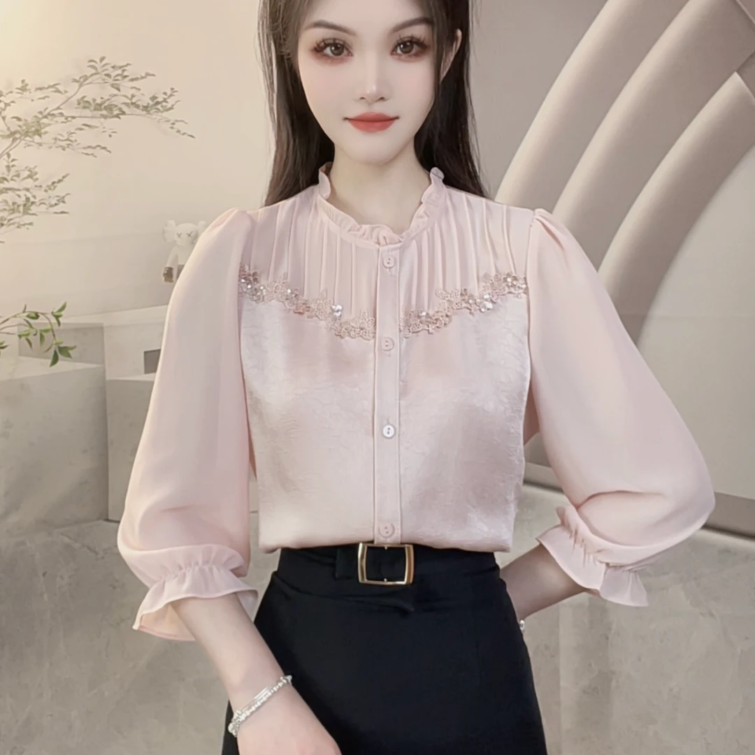国风新中式衬衣女2025新款春夏七分袖镂空木耳领衬衫百搭时尚小衫